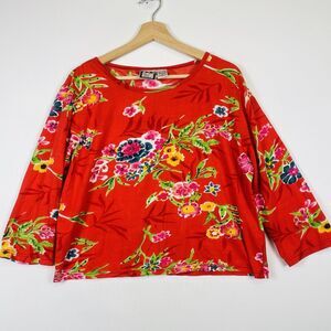 Take Two Clothing Co Red Watercolor Floral‎ 3/4 Sleeve Sequin T-Shirt Womens XL